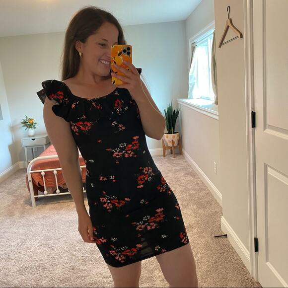 Rebecca Taylor Black Red Floral Cotton Ruffle Bodycon Mini Dress XS - Picture 7 of 12